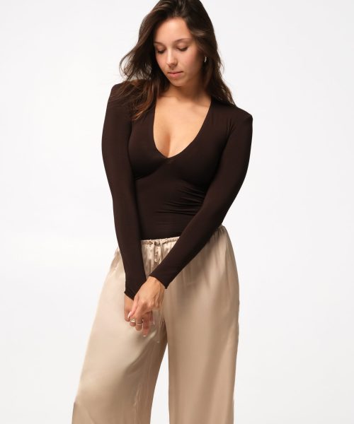 Body z dekoltem V brązowe