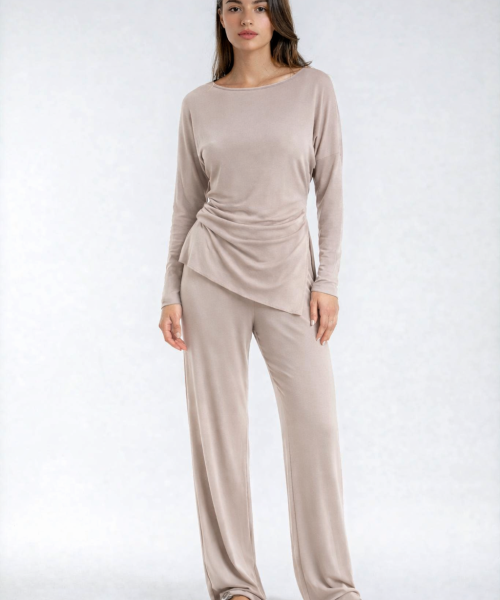 Spodnie z szeroką nogawką na gumce taupe