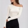 Top z asymetrycznym dekoltem ecru<span> - </span>S