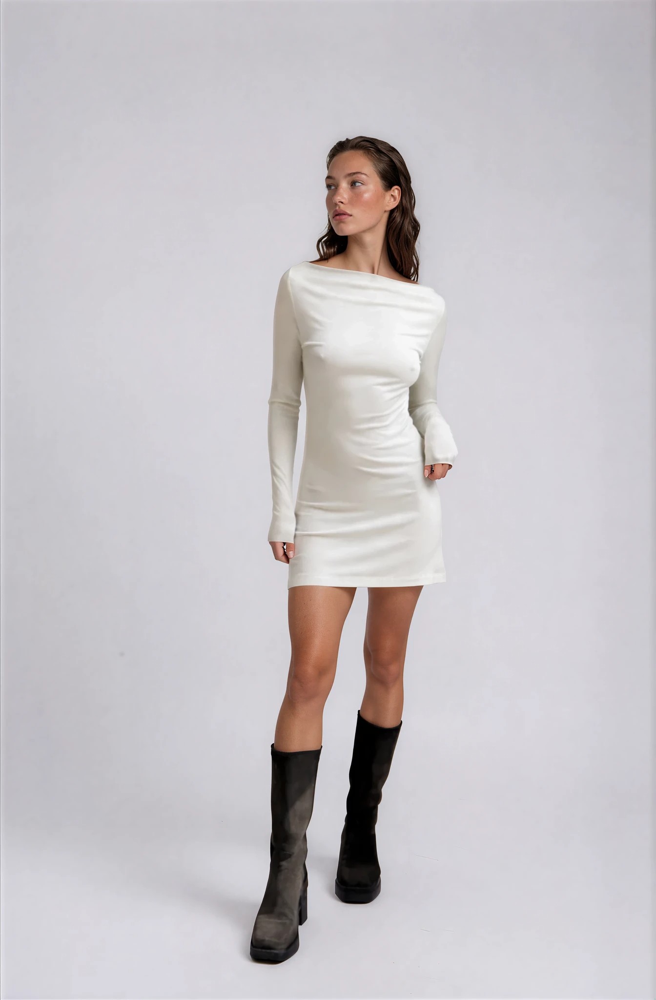 Sukienka mini mesh z dzianiny ecru