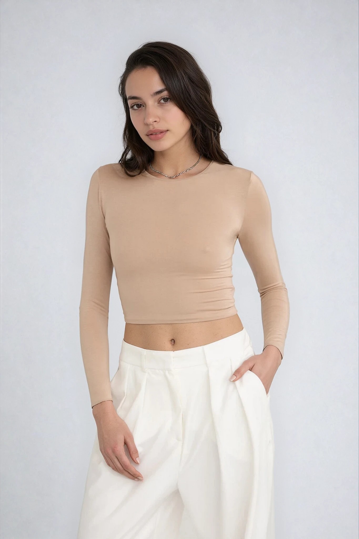Crop Top z dzianiny beżowy